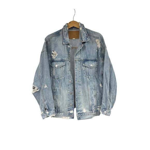 American Eagle Oversized Boyfriend Style Denim Jacket Distressed Womens Small - Picture 1 of 7